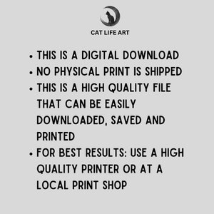 May include: A digital download graphic with the text "CAT LIFE ART" and a silhouette of a cat on a crescent moon. The text also states that it is a digital download, no physical print is shipped, and it is a high-quality file.