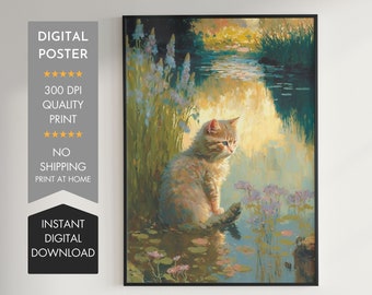 Claude Monet's Ginger Cat Art Print, Downloadable for Cat Lovers, Monet Cat Poster, Funny Cat print, digital wall art, Home decor