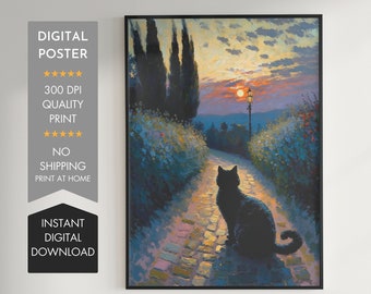 Monet Black Cat Art Print, Downloadable for Cat Lovers, Monet Cat Poster, Funny Cat print, digital wall art, Home decor