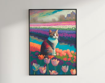 Claude Monet's Tulip Fields Cat Print, Downloadable for Cat Lovers, Monet Cat Poster, Funny Cat print, digital wall art, Home decor