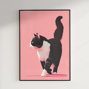 May include: A framed art print featuring a stylized illustration of a black and white cat walking to the left. The cat has a white chest and face with yellow eyes. The background is a solid pink color.