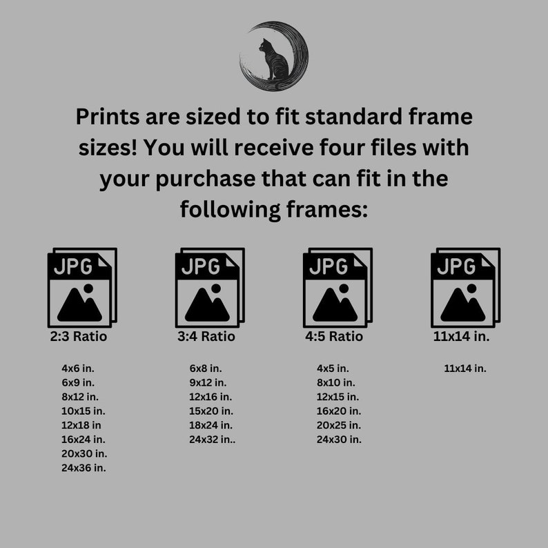 May include: Image showing print sizes for standard frames. Includes JPG file icons and frame sizes in inches: 4x6, 6x9, 8x12, 10x15, 12x18, 16x24, 20x30, 24x36, 6x8, 9x12, 12x16, 15x20, 18x24, 24x32, 4x5, 8x10, 12x15, 16x20, 20x25, 24x30, and 11x14.