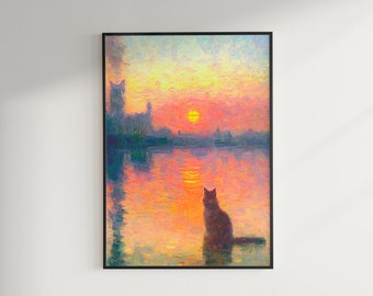 Claude Monet's Sunrise Cat Print for Cat Lovers, Monet Cat Poster, Funny Cat print, digital wall art, Home decor