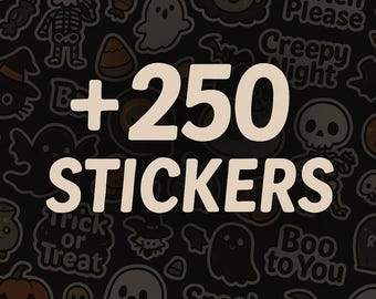 Paquete de pegatinas digitales de Halloween + 250 PNG con lindos fantasmas, calabazas, brujas, zombis, murciélagos, dulces, planificador de álbumes de recortes, paquete imprimible para iPad
