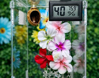 May include: A clear acrylic enclosure featuring a digital hygrometer displaying 40% humidity and 75.9 degrees Fahrenheit. Inside, a gold-toned hanging pod is positioned above a cluster of artificial white, pink, and red flowers with green foliage.