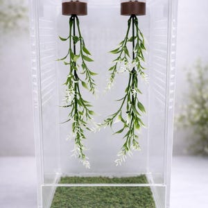 May include: A clear acrylic terrarium with a green moss base and hanging faux greenery. Two brown circular fixtures are mounted at the top, suspending the artificial plants. The terrarium is designed with small ventilation holes.