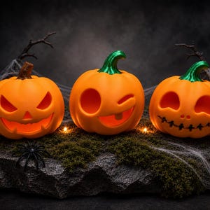 Peut inclure: Trois citrouilles d'Halloween orange avec des visages sculptés et des tiges vertes. La citrouille de gauche a un sourire dentelé, celle du centre fait un clin d'œil avec une dent, et celle de droite a des yeux en forme de cœur et une bouche cousue.