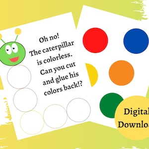 Caterpillar Activity for Kids, Color Matching Caterpillar Activity, A Very Hungry Caterpillar, Toddler Activity, Cut and Glue Worksheet