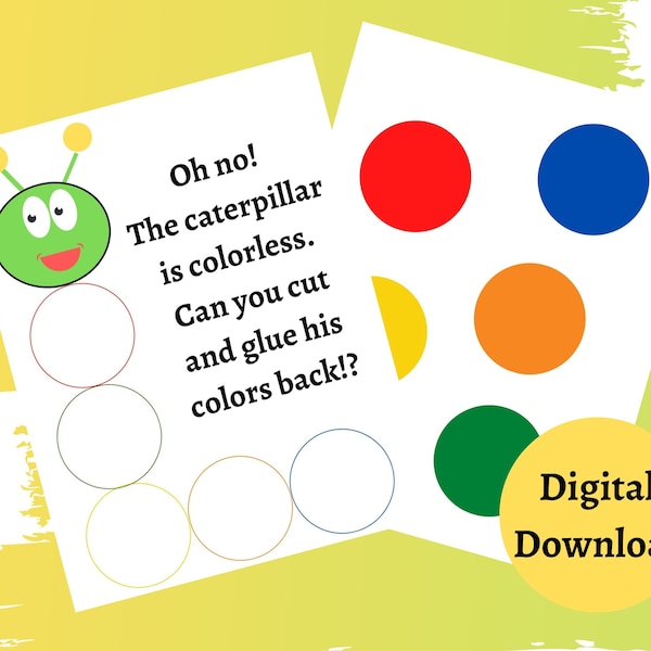 Caterpillar Activity for Kids, Color Matching Caterpillar Activity, A Very Hungry Caterpillar, Toddler Activity, Cut and Glue Worksheet