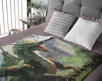 Emerald Dragon Fleece Blanket - Fantasy Painting Art - Cozy and Soft Sherpa Throw.