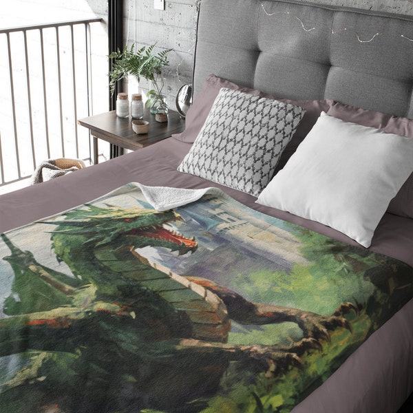 Emerald Dragon Fleece Blanket - Fantasy Painting Art - Cozy and Soft Sherpa Throw.