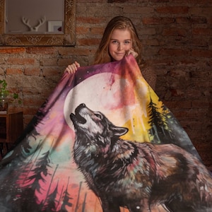 Wolf in the Forest Fleece Blanket - Full Moon and Waterfall Art - Cozy and Soft Sherpa Throw.