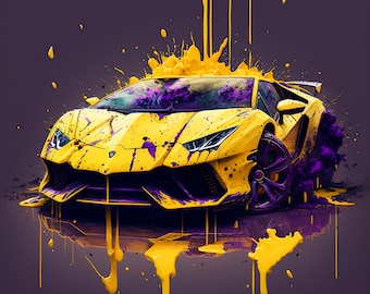 Set of 3 Printable Lamborghini Bugatti Ferrari™ Wall Art | Modern Printable Wall Art | Detailed Sports Cars With Paint Splash | Colorful