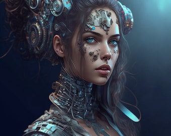 Set of 3 Printable Wall Art | Digital Wall Art Decor | Futuristic | Cyborg | Model face Fantasy girl | Retro style | Dark | Robot Girl |