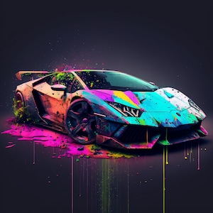 Set of 3 Printable Lamborghini™ Wall Art | Modern Lambo Digital Wall Art Decor | Detailed Sports Cars With Paint Splash | Colorful