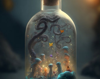 Set of 3 Printable Clear Jar Wall Art | Fantasy Digital Wall Art Decor | Detailed Mythical Creatures | Colorful