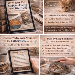 May include: An advertisement for a digital PDF eBook titled "Why Your Cat Stopped Using the Litter Box." The cover features a cat and litter box. Additional panels show related information and solutions to cat litter box problems.