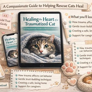 May include: An illustrated guide titled "Healing the Heart of a Traumatized Cat" on a tablet and phone, with a tabby cat. Includes notes on cat behavior, trust-building, and creating a safe home. The image has a soft, inviting aesthetic.