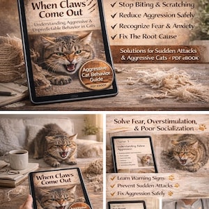 May include: Digital guide about cat behavior, titled "When Claws Come Out." The image shows a tablet displaying the guide, with a cat's face. The guide promises solutions for aggressive cats and reducing aggression.