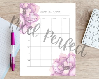 Peony Meal Planner Bundle with Meal Planner Page and Recipe Card Letter A4