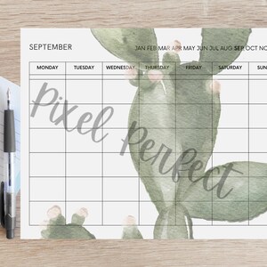 Calendario mensual imprimible sin fecha con cactus, tamaño carta A4, calendario imprimible de 12 meses