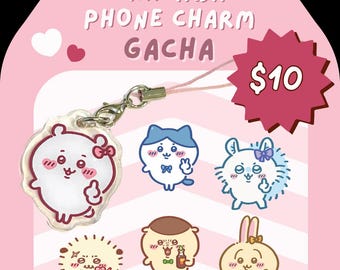 May include: Pink promotional image for a Chiikawa phone charm gacha. The image features several cartoon character designs, including a white bear with a pink bow, a blue cat, and a yellow bunny. The text "CHIIKAWA PHONE CHARM GACHA" is displayed at the top.