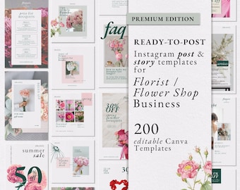 Florist Instagram Post and Story Template with Caption, Canva Instagram Template, Social Media Template for Flower Shop Business, Minimalist