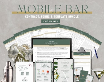 May include: A digital product bundle for mobile bar businesses. The bundle includes over 50 pages of editable templates, including contracts, forms, and menus. The templates are designed to be edited in Canva. The image shows a variety of templates, including a mobile bar agreement, a menu, and a customer review form.