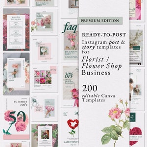 Könnte beinhalten: Eine Sammlung von 200 anpassbaren Instagram-Post- und Story-Vorlagen für Floristen und Blumenläden. Die Vorlagen zeigen eine Vielzahl von Blumendesigns, darunter Pfingstrosen, Rosen und andere saisonale Blüten. Die Vorlagen sollen Unternehmen dabei helfen, ihre Produkte und Dienstleistungen zu bewerben, mit Kunden in Kontakt zu treten und ihre Online-Präsenz auszubauen.