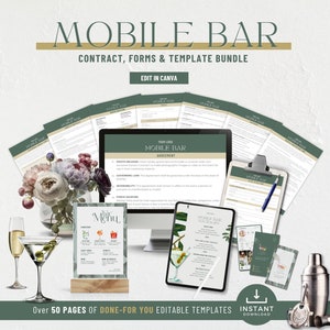 Könnte beinhalten: Ein Bundle mit Vorlagen, Verträgen und Formularen für eine mobile Bar. Das Bild zeigt einen Laptop, ein Tablet und gedruckte Dokumente mit dem Text "MOBILE BAR". Eine Barkarte, Cocktailgläser und ein Shaker sind ebenfalls zu sehen.