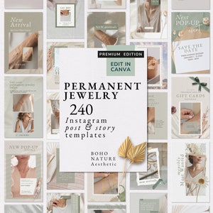 Puede incluir: Un collage de 240 plantillas de publicaciones e historias de Instagram para negocios de joyería. Las plantillas presentan una estética boho nature con acentos dorados, texturas naturales y colores apagados. El texto "PERMANENT JEWELRY" aparece en una fuente grande en la parte superior del collage.
