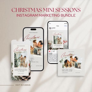 May include: A digital marketing bundle for Christmas mini sessions, featuring mockups of Instagram posts and stories. The design includes the text "Christmas Mini Sessions" and "Instagram Marketing Bundle" in a festive font, with family photos.