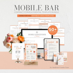 Pode incluir: Um kit de marketing digital para barmans móveis com mais de 50 modelos Canva. O kit inclui um contrato, formulários e modelos essenciais para um negócio de bar móvel. A imagem mostra uma tela de computador exibindo um modelo de contrato, um tablet exibindo um modelo de menu e um telefone exibindo um modelo de pacote. A imagem também inclui um arranjo floral, uma placa que diz "Gostou das bebidas? Deixe uma avaliação" e uma placa que diz "Menu do bar".