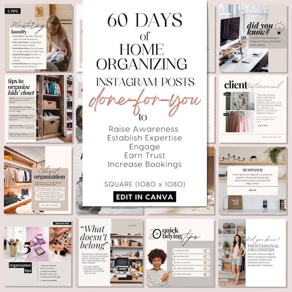 Home Organizing Instagram Post, Home Organization Instagram Templates, Canva Social Media Templates for Home Organizer, Realtor, Interior