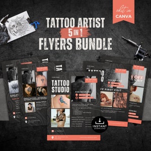 Tattoo Artist Flyer Bundle, Editable Canva Flyer Template, Flyer Template for Tattoo Artist, Tattoo Studio Marketing, Black and Orange Flyer