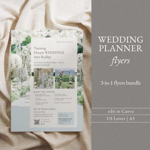 May include: A flyer for a wedding planner business called Morgan Maxwell Weddings & Events. The flyer features a floral archway and the text "Turning Dream Weddings into Reality. Stress Less, Celebrate More - Let Us Handle the Details." The flyer also lists services offered, such as full-service wedding planning, day-of coordination, venue & vendor sourcing, personalized styling & design, stress-free logistics & timelines, and budget management. The flyer includes contact information and a special offer for a free consultation.