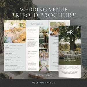Puede incluir: Un folleto tríptico para un lugar de bodas, con imágenes de espacios para eventos y detalles. El folleto incluye texto como "Wedding Venue Trifold Brochure", "Wildflower Ridge Estate" y "Edit in Canva". Disponible en tamaños US Letter y A4.