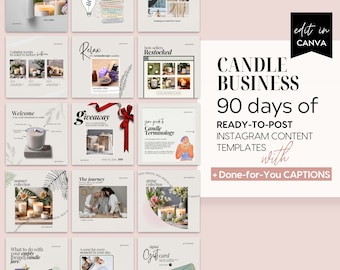 May include: A collection of 16 Instagram post templates for a candle business. The templates feature various designs and layouts, including images of candles, text overlays, and graphics. The text on the image reads "CANDLE BUSINESS 90 days of READY-TO-POST INSTAGRAM CONTENT TEMPLATES with + Done-for-You CAPTIONS".