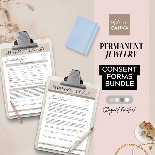 Permanent Jewelry Consent Forms Bundle | Permanent Jewelry Business -  Waiver Forms, photo and video release form,  Elegant Neutral