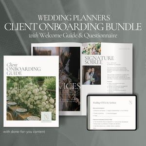 Puede incluir: Un paquete de incorporación de clientes para planificadores de bodas con una guía de bienvenida y un cuestionario. El paquete incluye una guía de incorporación de clientes, una guía de soiree de firma y una guía de estilo y estética de bodas. Las guías están diseñadas para ayudar a los planificadores de bodas a incorporar nuevos clientes y proporcionarles la información que necesitan para planificar su boda.