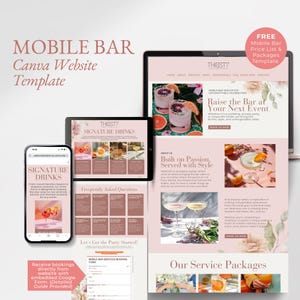 Op de afbeelding: Een Canva website template voor een mobiele bar service, weergegeven op een laptop, tablet en smartphone. Het ontwerp heeft een roze en wit kleurenschema met afbeeldingen van cocktails en tekst die "Signature Drinks" en "Raise the Bar at Your Next Event" luidt.