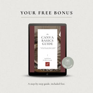 Puede incluir: Una tableta digital que muestra una gu&iacute;a titulada The Canva Basics Guide, Everything You Need To Know To Get Started With Canva, A Guide From Studio Flaire. La pantalla presenta una escalera de caracol y una insignia circular Free Guide.