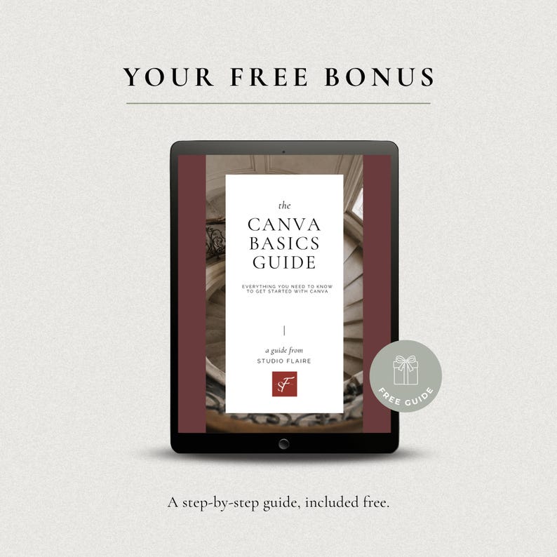 Puede incluir: Una tableta digital que muestra una gu&iacute;a titulada The Canva Basics Guide, Everything You Need To Know To Get Started With Canva, A Guide From Studio Flaire. La pantalla presenta una escalera de caracol y una insignia circular Free Guide.
