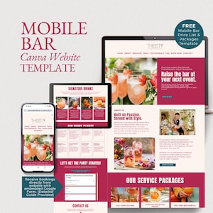 Könnte beinhalten: Digitales Mockup einer Canva-Website-Vorlage für eine mobile Bar, das ein Website-Design auf einem Laptop, Tablet und Smartphone zeigt. Das Design verfügt über ein bordeauxrotes und weißes Farbschema mit Bildern von Cocktails und Text.