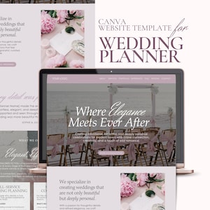May include: A laptop screen showing a wedding planner website template. The design uses a soft pink and white colour scheme. Text on the screen reads "Where Elegance Meets Ever After." The template includes sections for services, portfolio, and contact information.