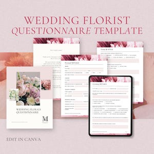 May include: A pink and white floral wedding questionnaire template with the text "Wedding Florist Questionnaire Template" and "Wedding Florals Questionnaire" in a pink and white floral design. The template is editable in Canva.