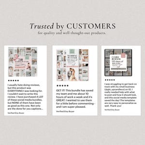 May include: Three screenshots of Etsy reviews for social media templates. The first review is for a wedding planner template with the text "240 Wedding Planner 120 Days of", the second review is for a wedding planner template with the text "Wedding Planner 120 Days of", and the third review is for a candle business template with the text "Candle Business 120 Days of".