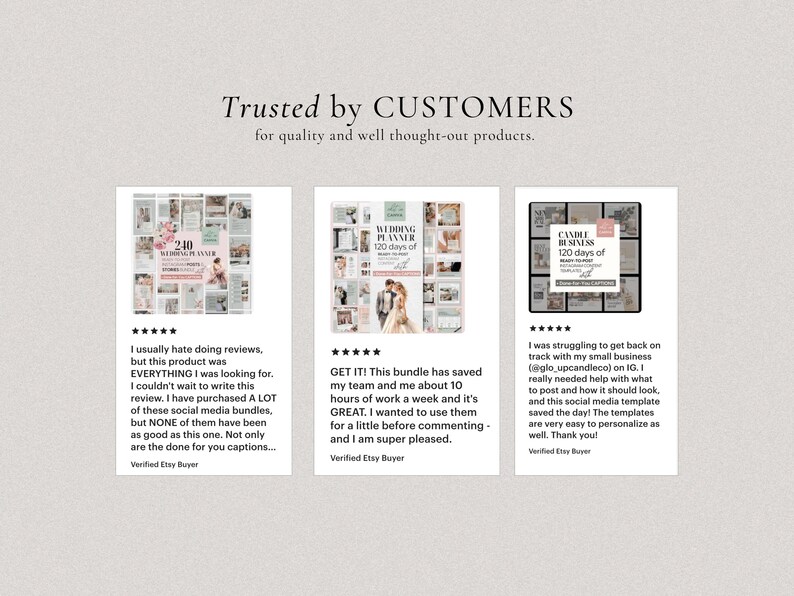 May include: Three screenshots of Etsy reviews for social media templates. The first review is for a wedding planner template with the text "240 Wedding Planner 120 Days of", the second review is for a wedding planner template with the text "Wedding Planner 120 Days of", and the third review is for a candle business template with the text "Candle Business 120 Days of".