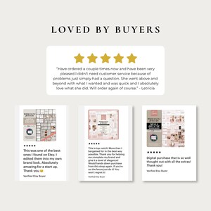 Puede incluir: Un gr&aacute;fico titulado LOVED BY BUYERS con cinco estrellas doradas y una rese&ntilde;a de cliente. Debajo hay tres tarjetas de producto rectangulares que muestran plantillas digitales para joyer&iacute;a permanente, cada una con su valoraci&oacute;n y texto.