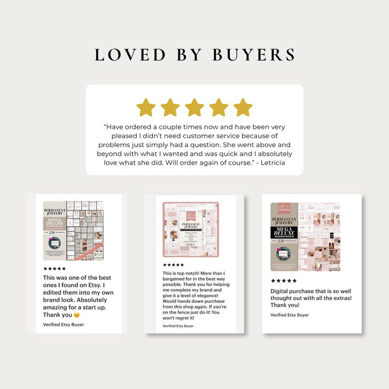 Puede incluir: Un gr&aacute;fico titulado LOVED BY BUYERS con cinco estrellas doradas y una rese&ntilde;a de cliente. Debajo hay tres tarjetas de producto rectangulares que muestran plantillas digitales para joyer&iacute;a permanente, cada una con su valoraci&oacute;n y texto.